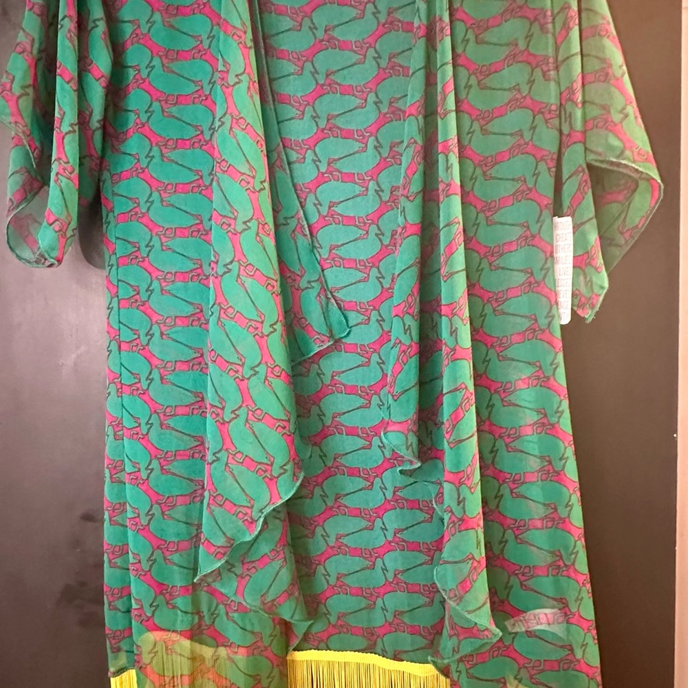 Green and Red Patterned Kimono with Fringe